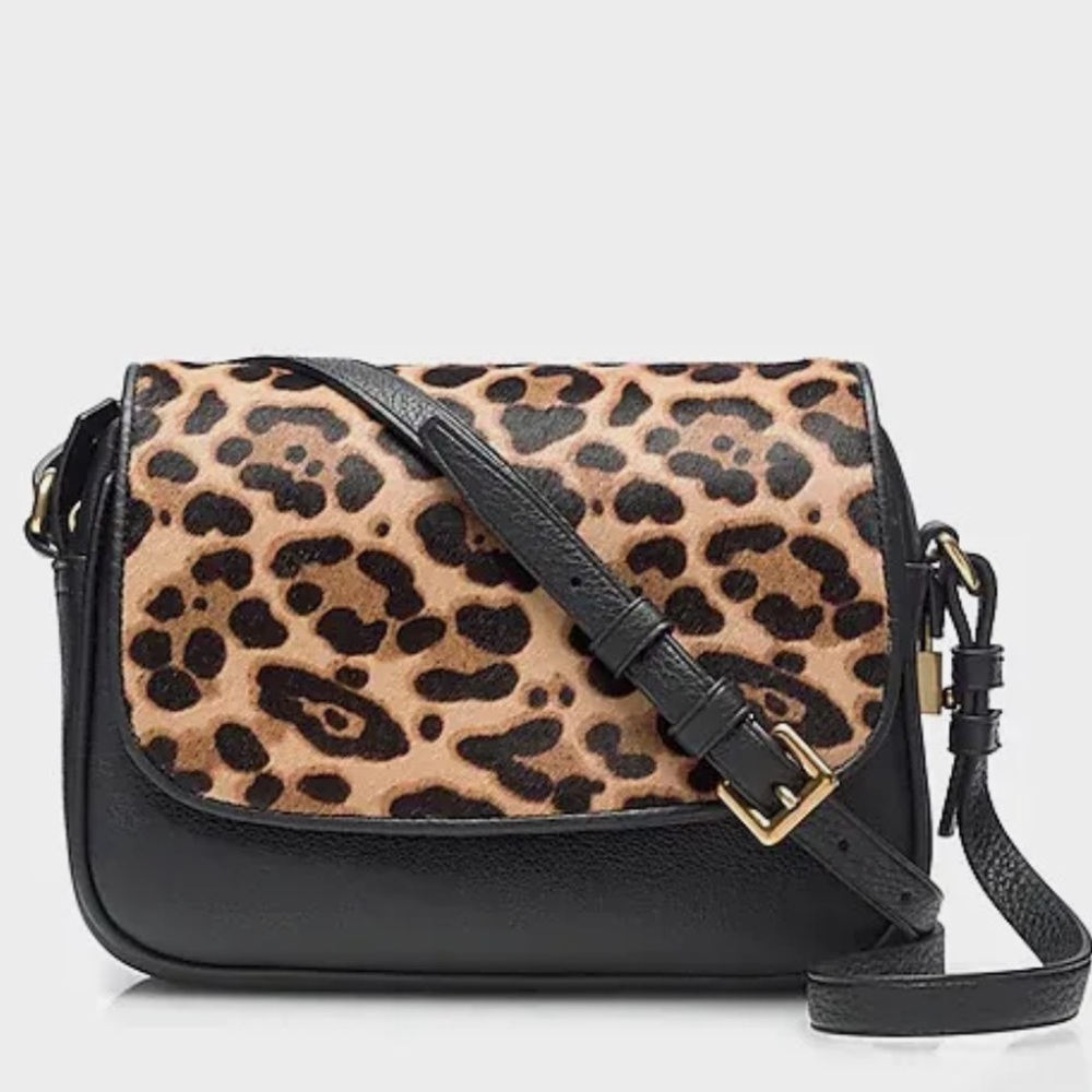 Nwot JCrew Collection Black Leathr Leopard Calf Hair Signet Flap Crossbody Bag